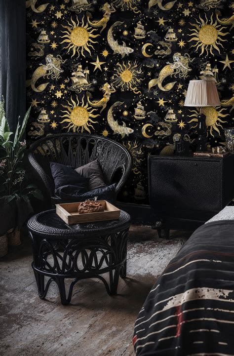 Dark Mermaid Peel and Stick Wallpaper: Gold Celestial Mural - Etsy