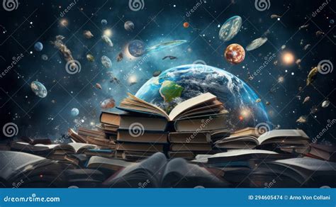 Cosmic Knowledge Books In Front Of Earth And Celestial Wonders Stock