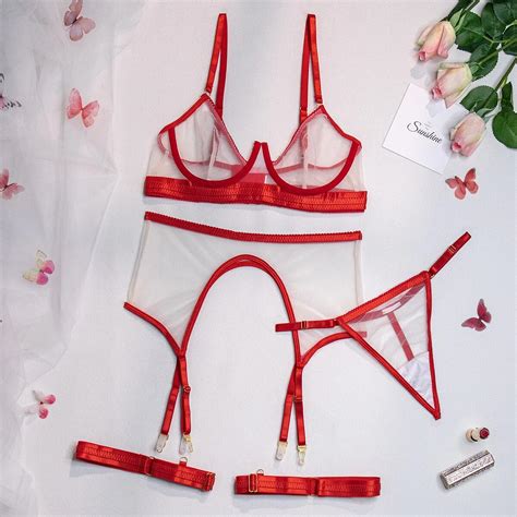 Billionm 3 Piece Transparent Underwear Set Women Fancy 8 Colors Sexy Lingerie Set Garter Brief Kit