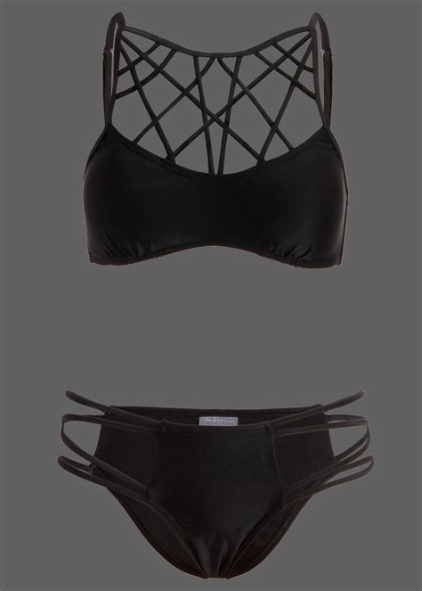 Black Caged Strappy Two Piece Bikini Set Two Piece Swimsuits Bathing