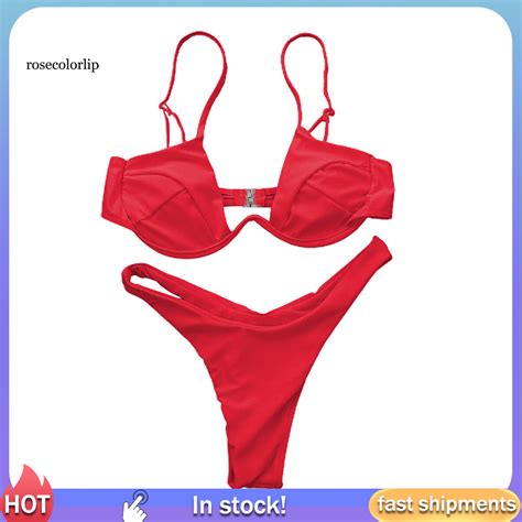 Rr Sexy Women Solid Color Swimsuit Underwired Bra G String Briefs Beach Bikini Set Shopee Malaysia