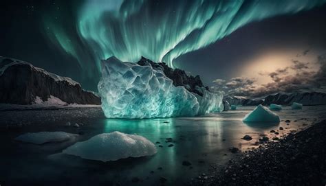 Premium Photo | A green iceberg is illuminated by the moon.