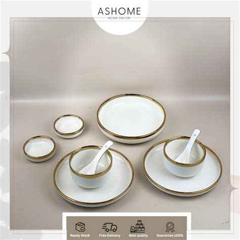 Jual Ashome Piring Set Orang Piring Makan Set Keramik Putih Gold Isi