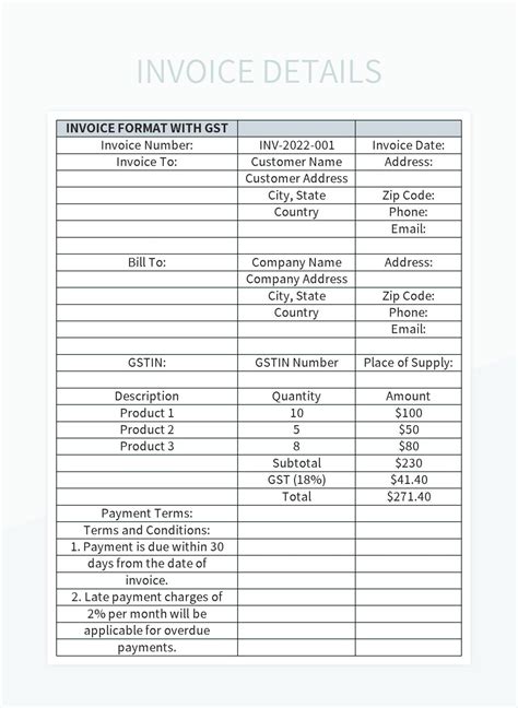 Invoice Details Excel Template And Google Sheets File For Free Download