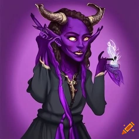 Purple Skinned Tiefling Wizard Casting Enchantment In Elegant Robes On