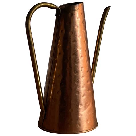 Vintage Mid Century Modern Brass Copper Watering Can With Long Spout