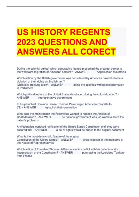 Us History Regents Questions And Answers All Corect Us History