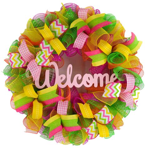 Spring Decor Wreath Summer Door Decoration Welcome Deco Mesh Etsy