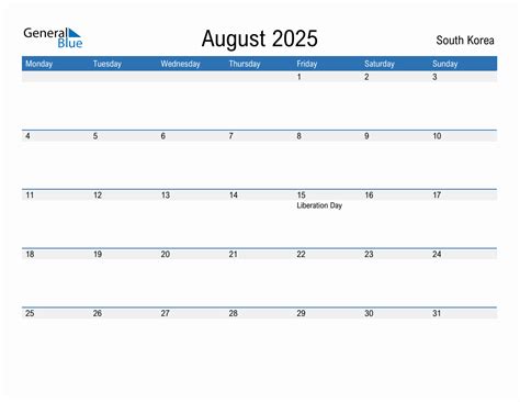 Editable August 2025 Calendar with South Korea Holidays
