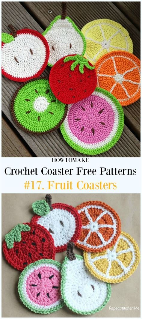 Crochet Coasters With Fruit Designs On Them And The Text Free Crochet