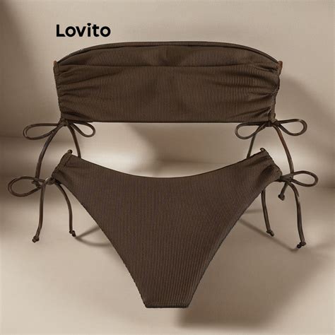 Lovito Sexy Plain Lace Up Bikini Sets For Women LNL Lovito Set Bikini Renda Polos Seksi