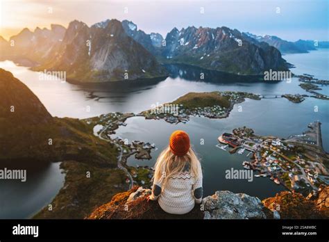 Woman Hiking In Lofoten Islands Travel Lifestyle In Norway Girl