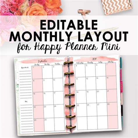 Mini Happy Planner Monthly Pages Editable Printable Pages Coral Pink