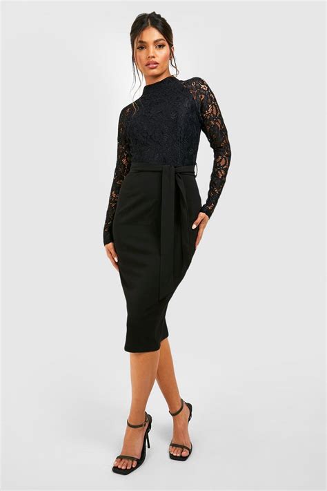 Womens High Neck Long Sleeve Lace Midi Dress Boohoo Uk