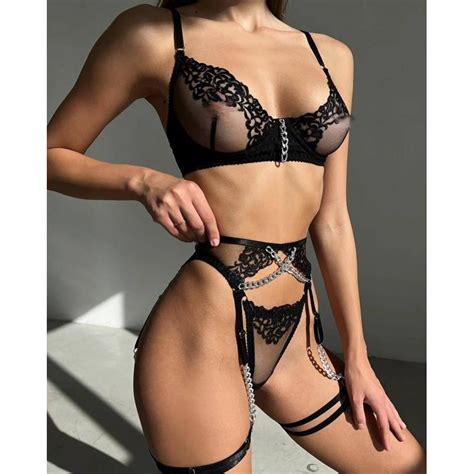Moda Novo Conjunto De Lingerie Er Tica De Quatro Pe As Bordado De Corrente De Metal E