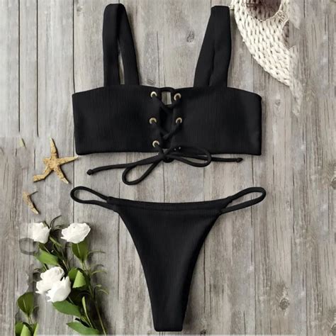 Two Piece Swimwear Lace Up Bikini Sets String Bikini Bottoms Low Waist