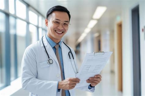 Smiling Asian Male Doctor White Coat Reviewing Patient Records Modern