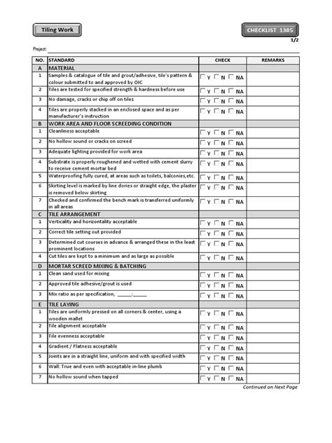 Tiling Work Checklist 1305 Pdf Tile Mortar Masonry