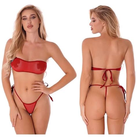 Yonghs Fr Micro Bikini Sexy Femme Dos Nu Thong String Transparent Lingerie Erotique Rouge Rouge