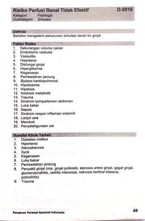 D0016 Risiko Perfusi Renal Tidak Efektif Sdki Standart Diagnosis