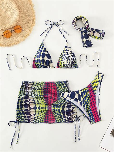 Shein Swim Vcay Digital Polka Dot Bikini Set Halter Triangle Bra High Cut Bikini Bottom