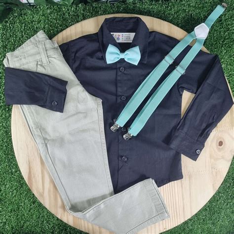 Calça Nude Camisa Manga Longa Preta e Kit Gravata e Suspensório Menta Infantil Lojinha da