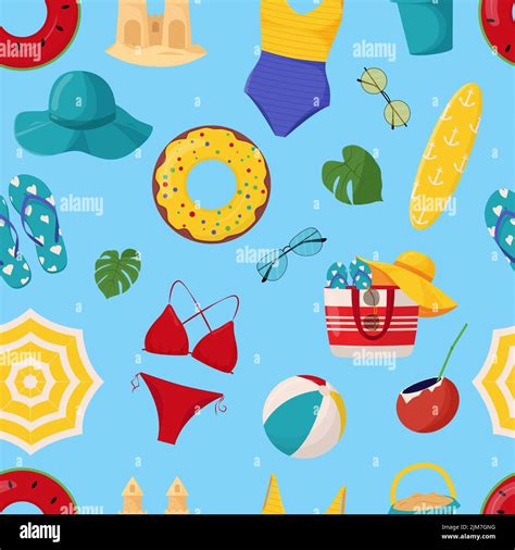 Set Of Cute Summer Elements Surfboard Cocktail Bag Hat Palm Tree Bikini Flip Flops Beach