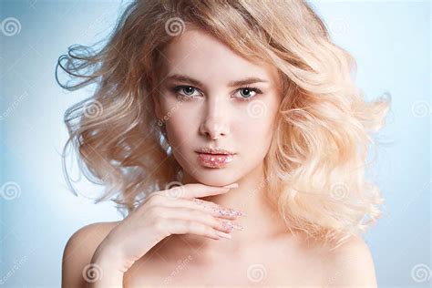 Close Up Portrait Of Beautiful Curly Blondy Woman With Perfect Art Make Up Trendy Frosted Nail