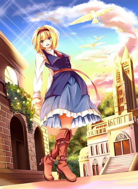 Safebooru Girl Alice Margatroid Azusayumi Meme Bird Blonde Hair Blue Eyes Blush Boots Bow