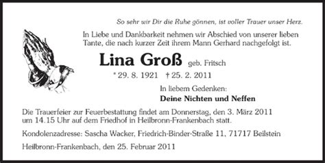 Traueranzeigen von Lina Groß trauerundgedenken de