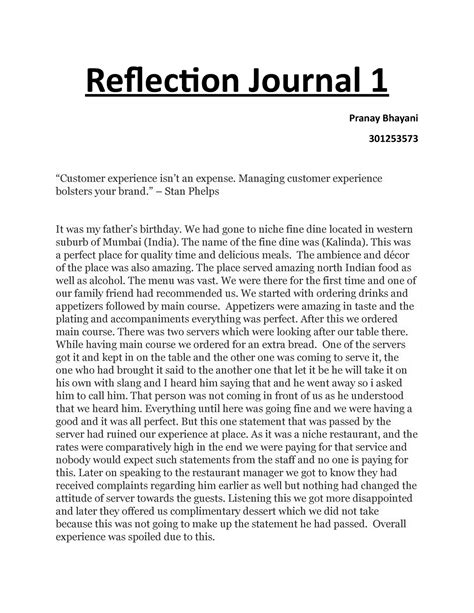 Reflection Journal 1 - very helpful - Reflection Journal 1 Pranay ...