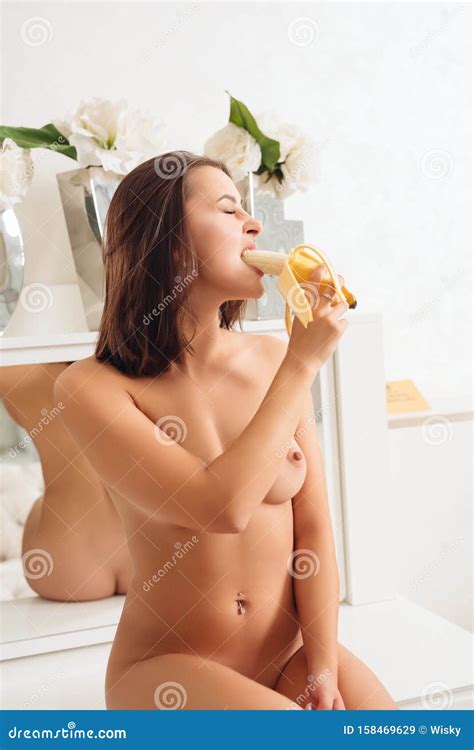 Beautiful Nude Brunette Eating Banana Shot Stock Image Image Of European Body 158469629