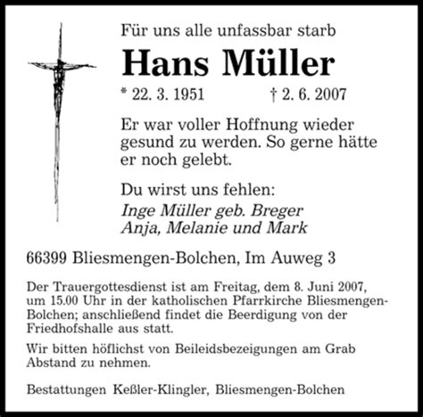 Traueranzeigen von Hans Müller Saarbruecker Zeitung Trauer de