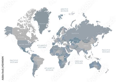 Highly Detailed World Map With Labeling Grayscale Vector Illustration