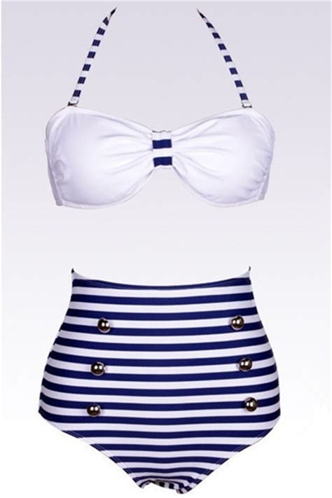 Retro Navy Stripes High Waisted Bikini BK8058
