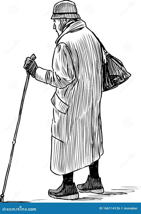 Sketch Of Old Woman In Hat With Stick And Bag Walking On A Stroll Stock