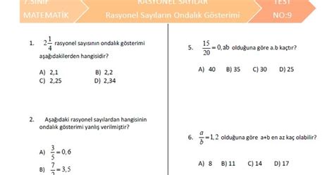 Sinif Rasyonel Sayilarin Ondalik G Ster M Test Test Matematik