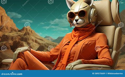 A Retro Futuristic Catwoman With Headphones And Sunglasses Sits In A