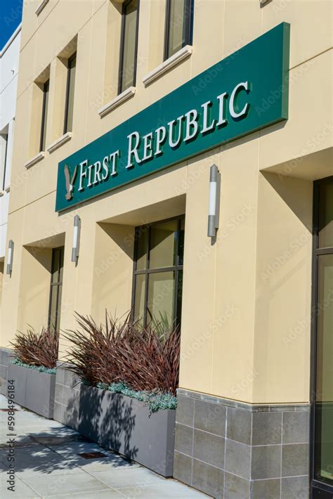 First Republic Bank sign and golden eagle logo on bank branch facade - California, USA - 2023 ...