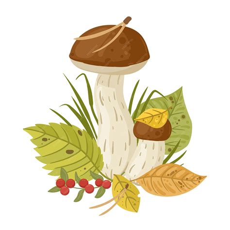 champignon forestier comestible avec des feuilles de dessin anime