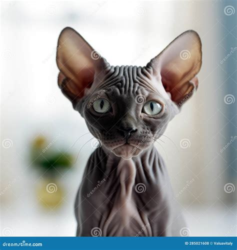 Portrait of a Cute Black Sphynx Kitten Looking at the Camera. Closeup