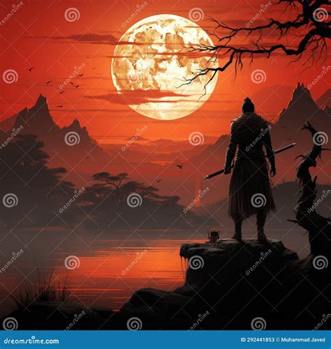 Majestic Silhouette, Samurai Poised at Sunset, an Iconic Stance Against