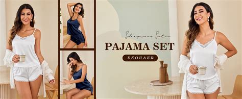 Ekouaer Satin Pajamas V Neck Sleepwear Set Lace Pj Tops And Shorts Nightwear Lingerie Pajamas At