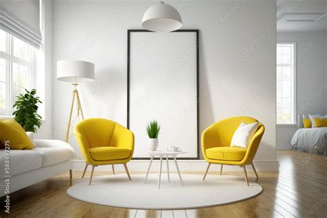 Interior Of A White Living Room With A Round Coffee Table Two Yellow