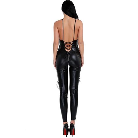 Plus Size 5XL Sexy Women Lace Up Catsuit Gothic Faux Leather Bodysuit