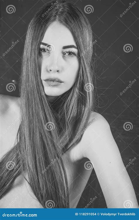 Hair Care Shampoo Woman With Stylish Long Hair And Naked Chest Stock Photo Image Of Brunette