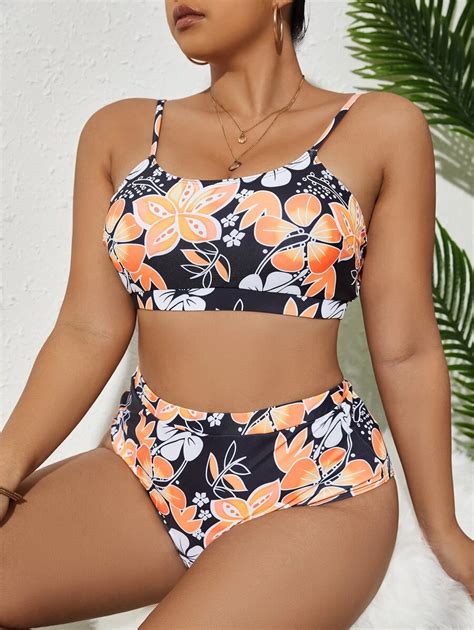 SHEIN Swim Curve Summer Beach Plus Floral Print Bikini Set Wireless Bra High Waist Bikini