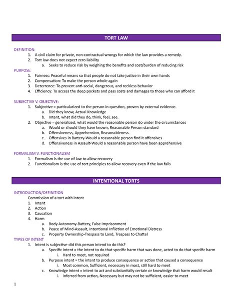 Torts Charted Outline Tort Law Definition A Civil Claim For