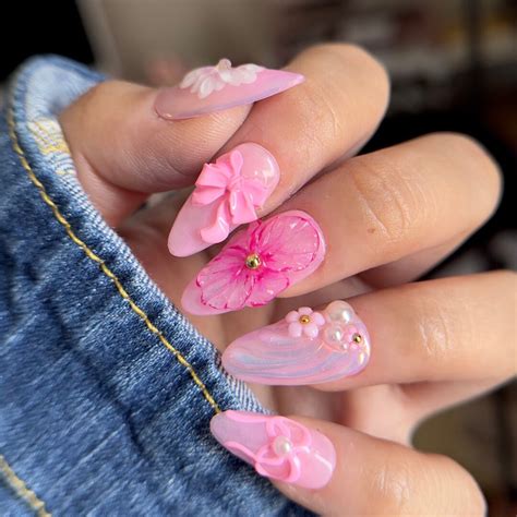Coquette Preppy 3d Nails Pink Press On Nails Kawaii Nails Etsy