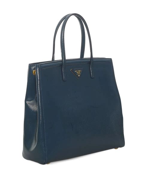 Pre Owned Prada Triangle Logo Plaque Saffiano Leather Bag In Blue